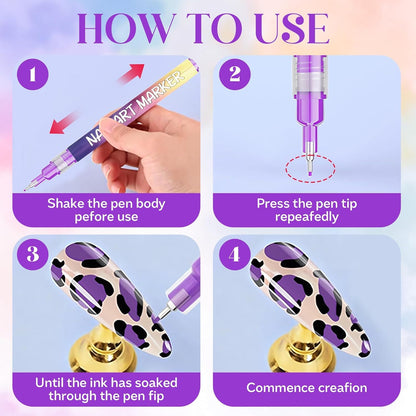 YUEUR 12 Colors Nail Art Pens Set – Fine Tip 0.5mm, 3-in-1 Tools, DIY Home Salon