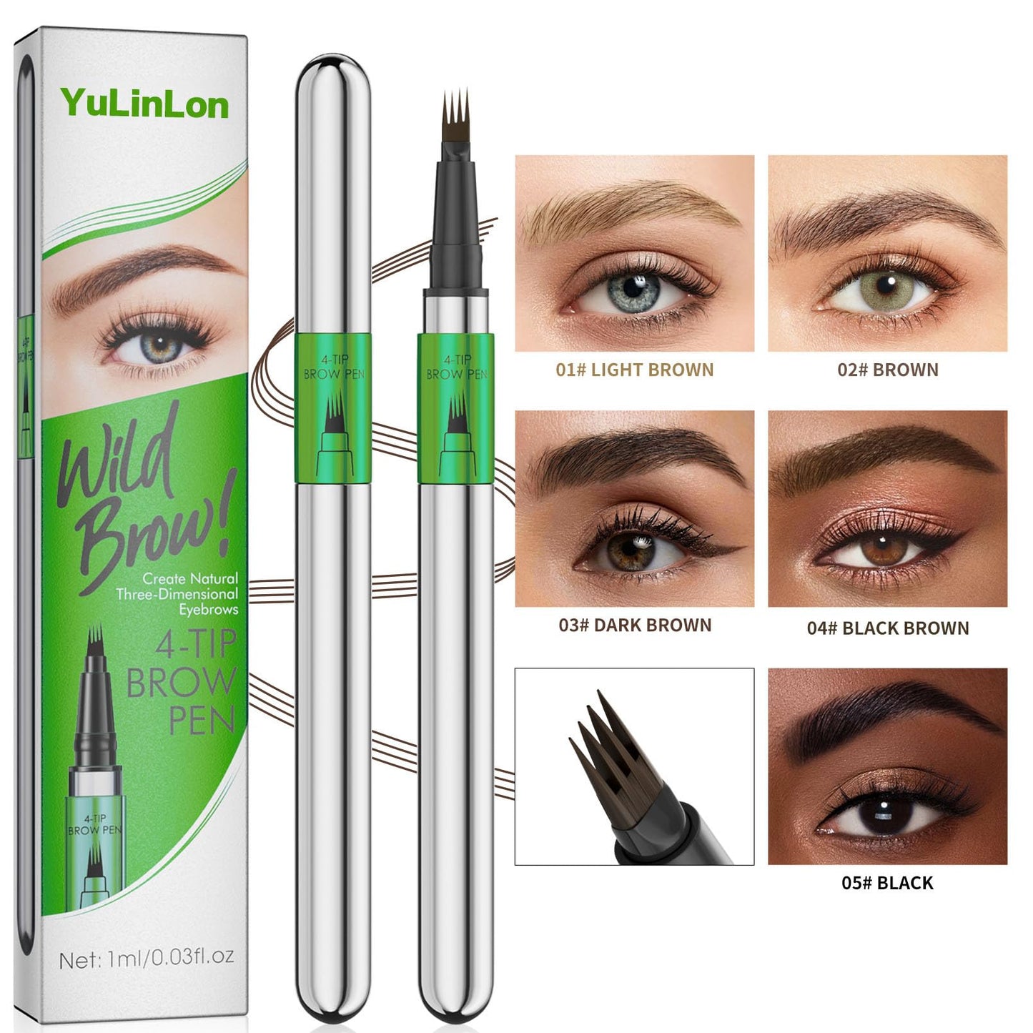 Yulinlon 4-Tip Eyebrow Pen - Waterproof Micro-Fork Brow Tattoo Pen (01# LIGHT BROWN) - 1ml