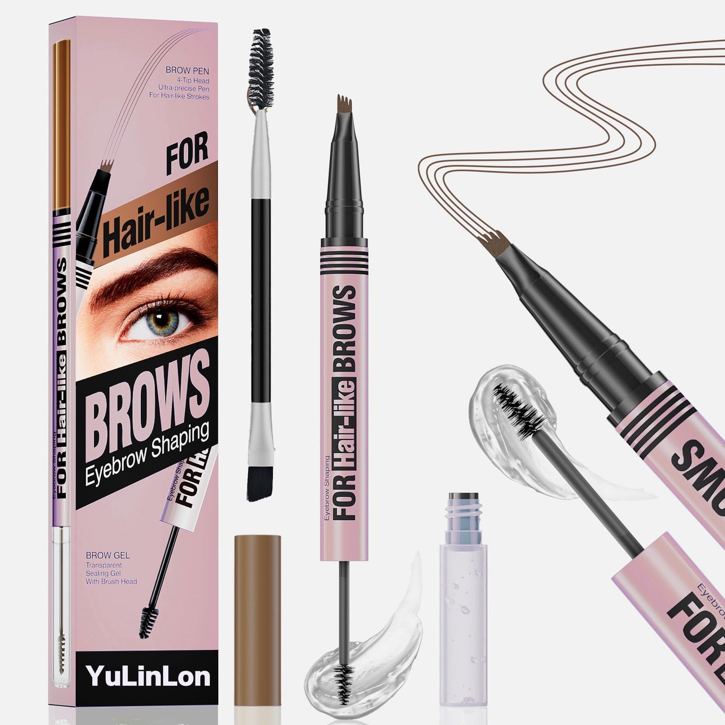 Yulinlon 2-in-1 Eyebrow Pen & Gel | 4-Tip Ultra-Precise, 5 Natural Shades, Waterproof