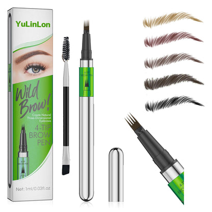 Yulinlon 4-Tip Eyebrow Pen - Waterproof Micro-Fork Brow Tattoo, Natural 3D, 1ml (04# Black Brown)