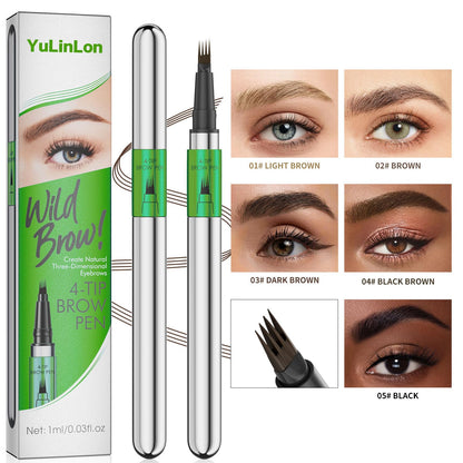 Yulinlon 4-Tip Eyebrow Pen - Waterproof Micro-Fork Brow Tattoo, Natural 3D, 1ml (04# Black Brown)