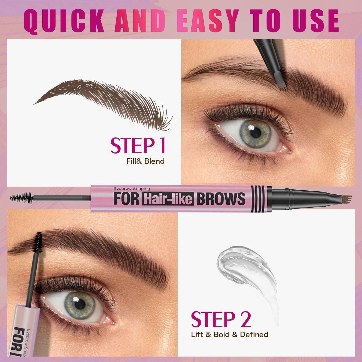 Yulinlon 2-in-1 Eyebrow Pen & Gel - 4-Tip Precision, Waterproof, 5 Natural Shades (02 Brown)