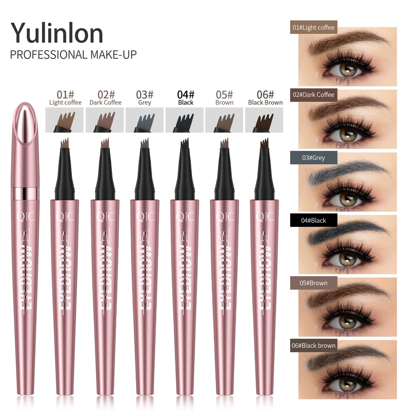 Yulinlon Q708 3D Microblading Eyebrow Pencil – Waterproof, 4-Tip Micro-Fork for Natural Brows (All Skin Tones, 5 Brown)