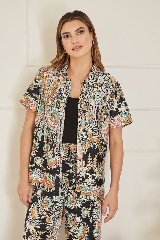 Yumi Black Satin Paisley Print Short Sleeve Shirt