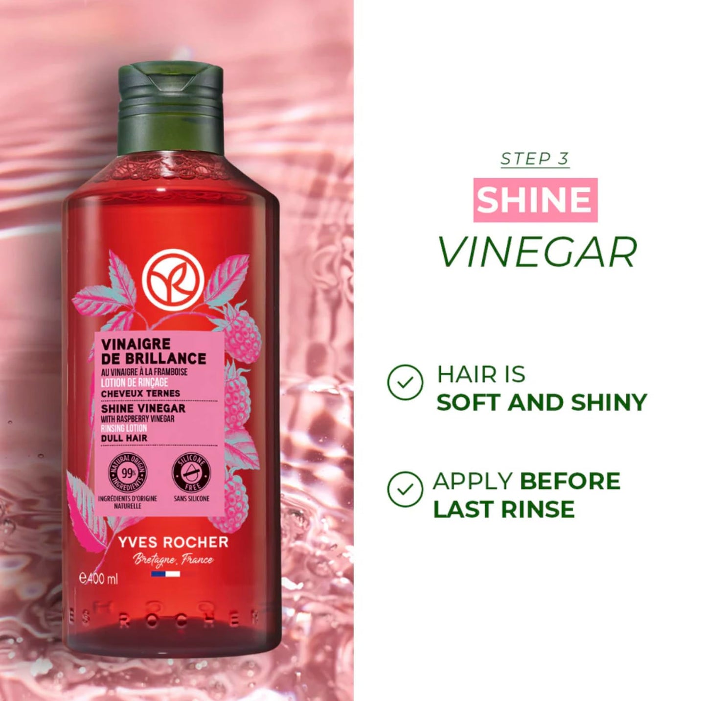 Yves Rocher Raspberry Shine Hair Vinegar & Shampoo Set – Shine, Softness & Color (400 ml + 300 ml)
