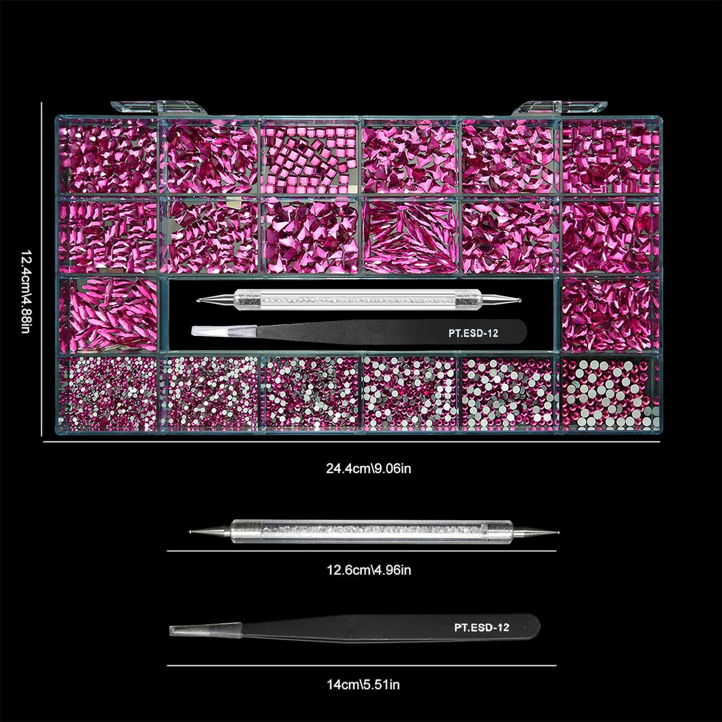 Yzzseven Rose Pink Diamonds & 2100 Flat Rhinestones – 20 Styles DIY Nail Art Crystals