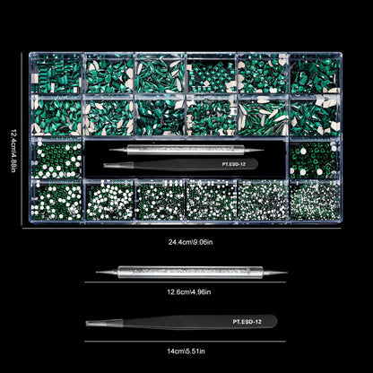 Yzzseven 12 Types Green 600 Diamonds + 2500 Flat Rhinestones – DIY Nail Art Crystal Kit with Tweezers & Drill Pen