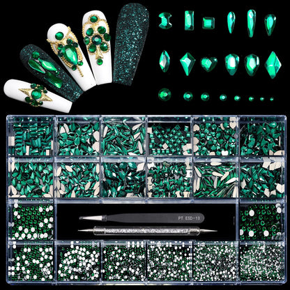 Yzzseven 12 Types Green 600 Diamonds + 2500 Flat Rhinestones – DIY Nail Art Crystal Kit with Tweezers & Drill Pen