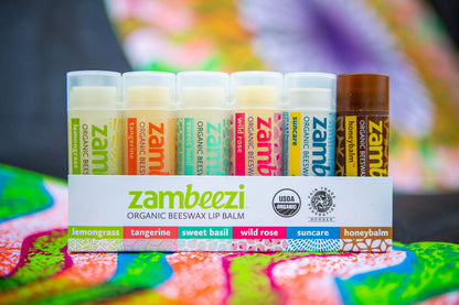 Zambeezi Fair Trade Organic Lip Balm – 6-Pack (Lemongrass, Tangerine, Wild Rose, Sweet Basil, Suncare, Honeybalm) | Ethically Sourced