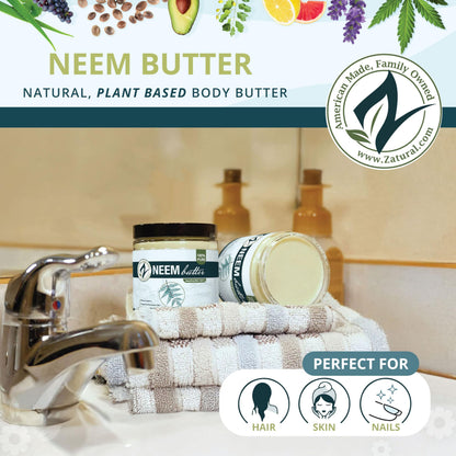 Zatural Neem Butter 4 Pack – Organic Coconut Oil & Neem Oil, Marula, Kokum, Rosemary for Sensitive Skin (8 oz each)