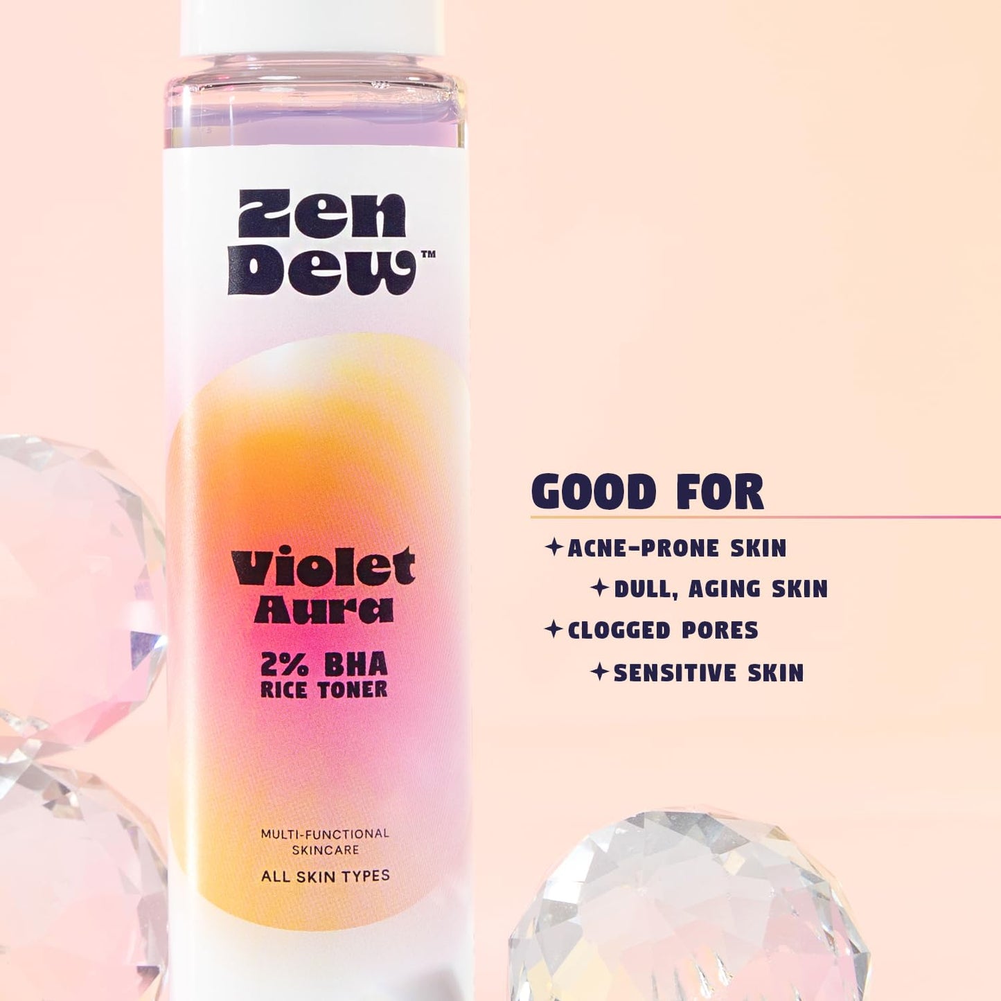 Zen Dew Violet Aura 2% BHA Toner — Gentle Exfoliation with Niacinamide & Rice Extract for Sensitive Skin