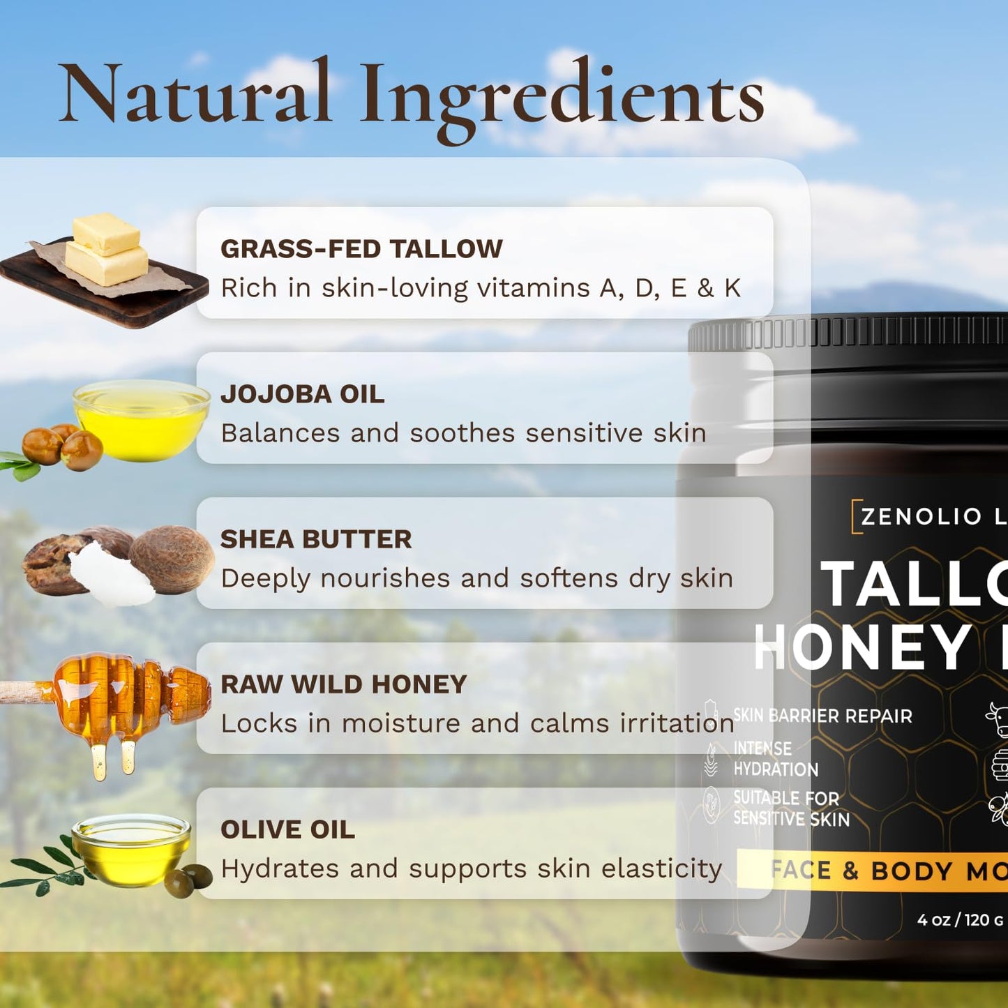 Zenolio Labs Organic Beef Tallow Balm for Face & Body — Whipped Grass-Fed Moisturizer with Raw Honey & Beeswax