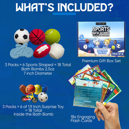 ZenseMe 18-Pack Sports Bath Bombs with Toys Inside – Handmade Organic Kids Gift Set (2.5 oz each)