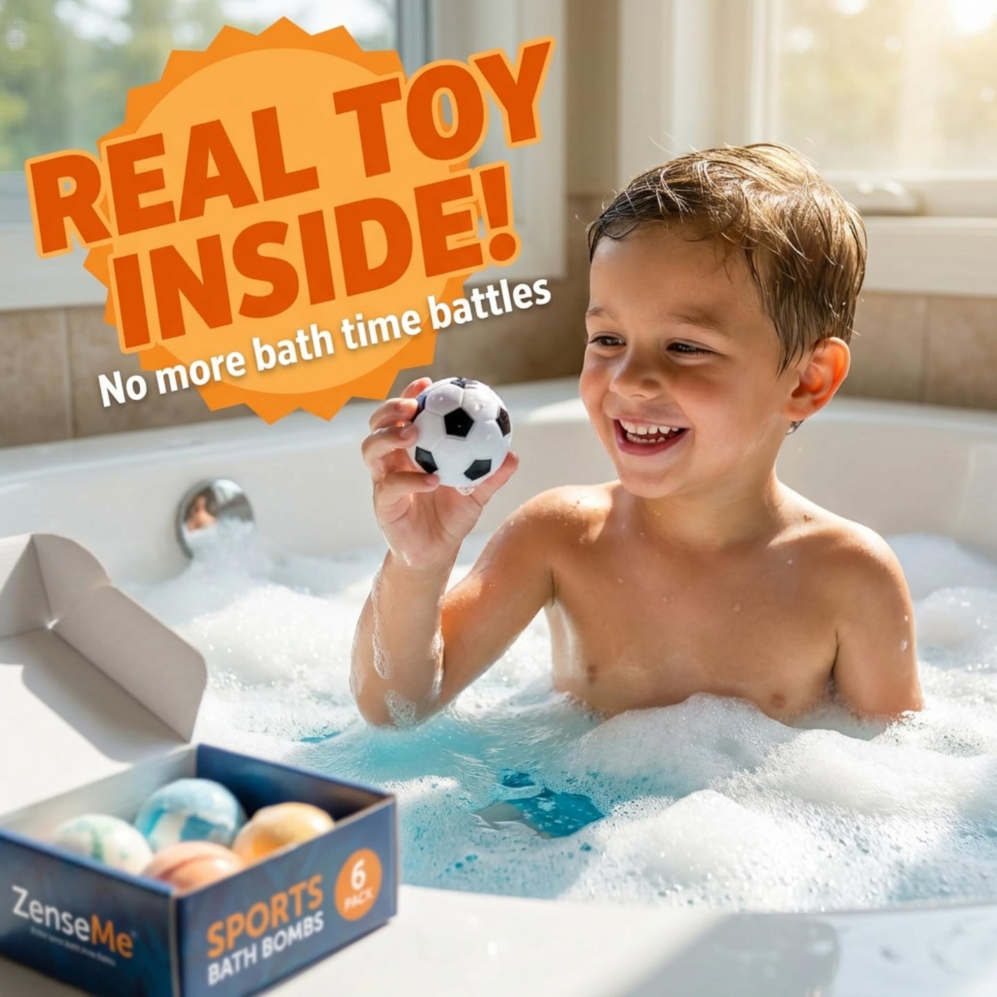 ZenseMe Bath Bombs for Kids — Sports Surprise Inside, 6 x 2.5 oz Gift Set with Educational Flash Cards, Organic Handmade