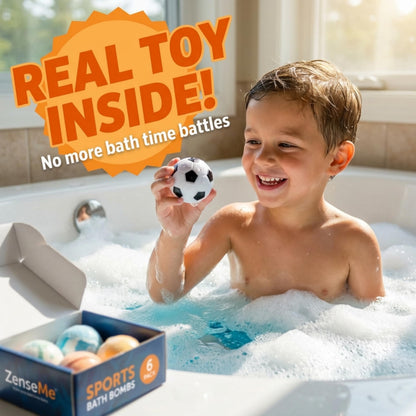 ZenseMe Bath Bombs for Kids — Sports Surprise Inside, 6 x 2.5 oz Gift Set with Educational Flash Cards, Organic Handmade