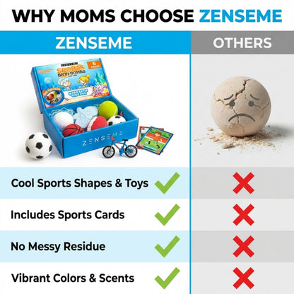 ZenseMe Bath Bombs for Kids — Sports Surprise Inside, 6 x 2.5 oz Gift Set with Educational Flash Cards, Organic Handmade