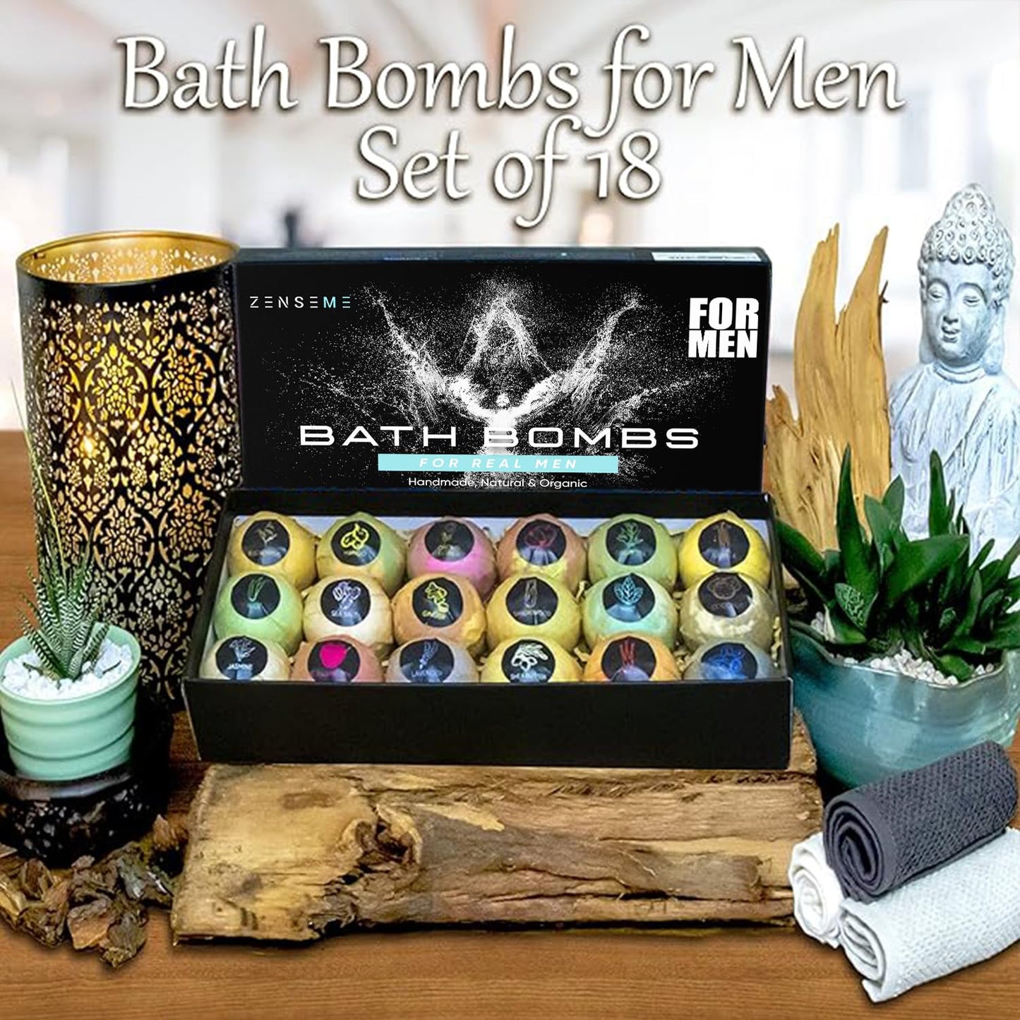 ZenseMe Bath Bombs for Men – Gift Set of 18 Organic Handmade 2.5 oz Bath Bombs with Essential Oils