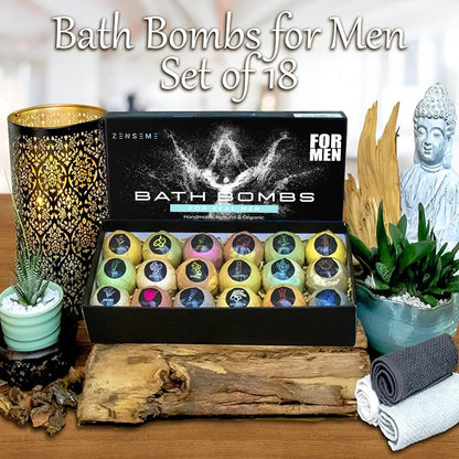 ZenseMe Bath Bombs for Men – Gift Set of 18 Organic Handmade 2.5 oz Bath Bombs with Essential Oils