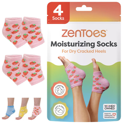 ZenToes Moisturizing Socks for Dry Heels – Vitamin E, Olive & Jojoba Oils (Pink Strawberries, Regular)