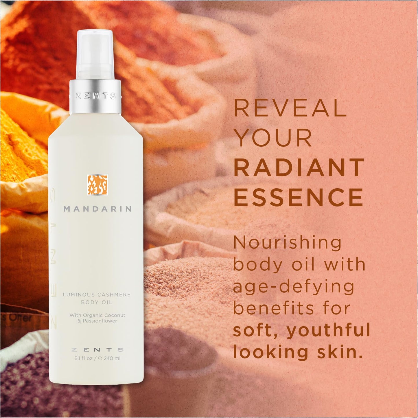 Zents Luminous Cashmere Body Oil (Mandarin Fragrance) | Moisturizing Oil with Vitamin E & Coconut Oil | 8 fl oz