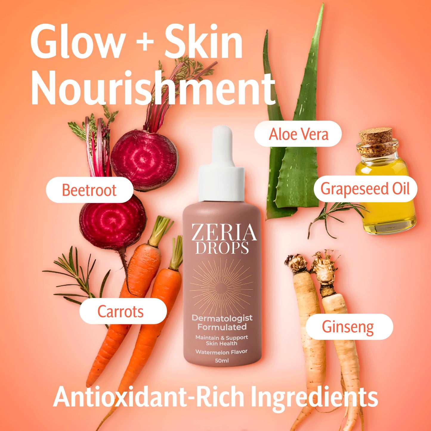 Zeria Tanning Drops to Drink – Vegan Edible Self Tanner with Watermelon Flavor (50mL) – Natural Glow