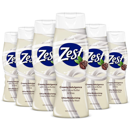 Zest Cocoa Butter & Shea Body Wash – Moisturizing, Paraben-Free, 18 oz (Pack of 6)