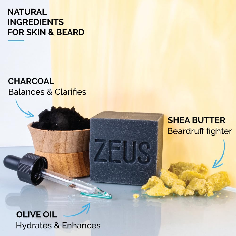 ZEUS Beard Wash Bar for Men – All-Natural Hydrating Cleanser with Charcoal & Sandalwood | Made in USA