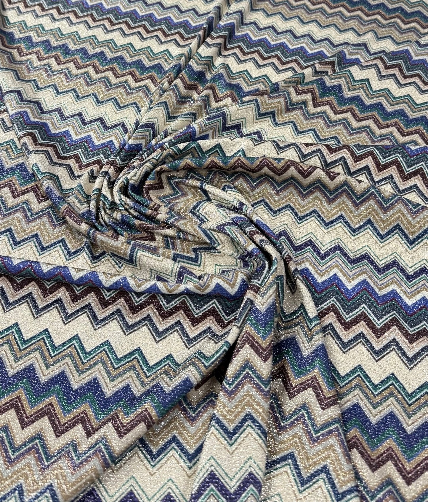 Zigzag Knit Blue Tones Striped Lurex Fabric by the Metre