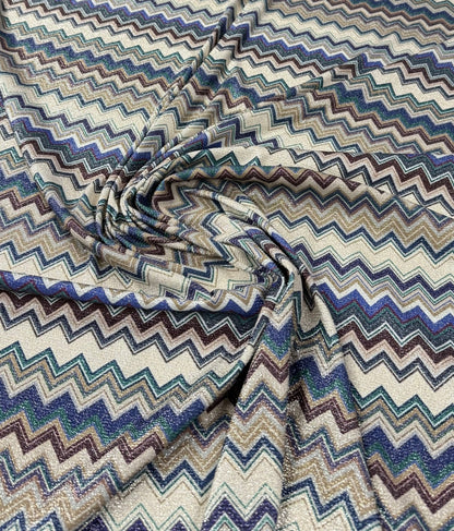 Zigzag Knit Blue Tones Striped Lurex Fabric by the Metre