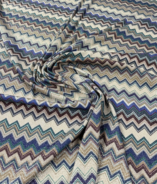 Zigzag Knit Blue Tones Striped Lurex Fabric by the Metre