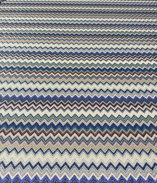 Zigzag Knit Blue Tones Striped Lurex Fabric by the Metre