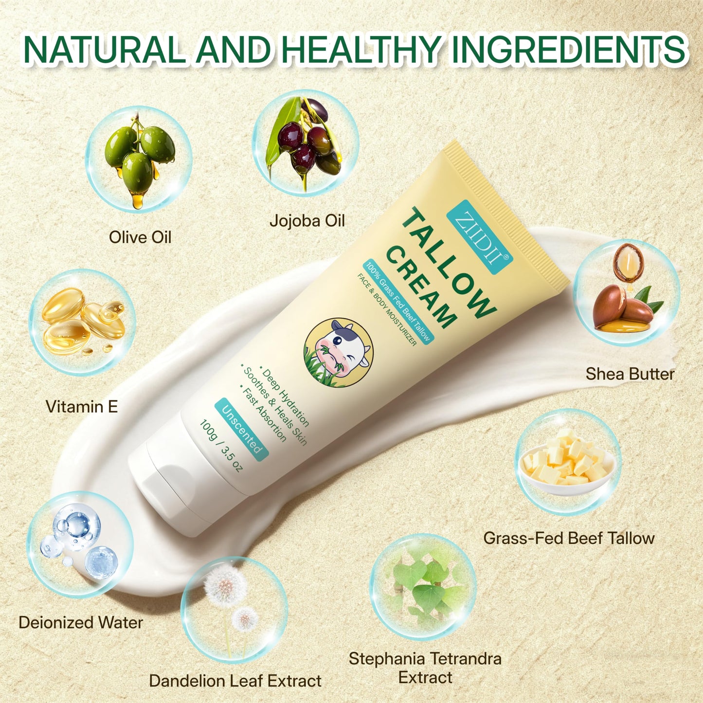 ZIIDII Beef Tallow Moisturizer – Unscented Deep Hydration for Dry Skin, 3.5oz