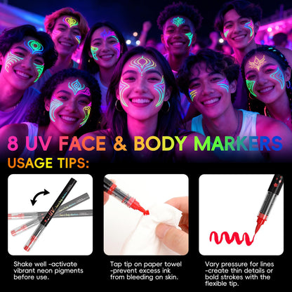 Zijimyyl Glow in the Dark Body Paint Kit — Neon UV Face Markers, 8 Colors, Washable