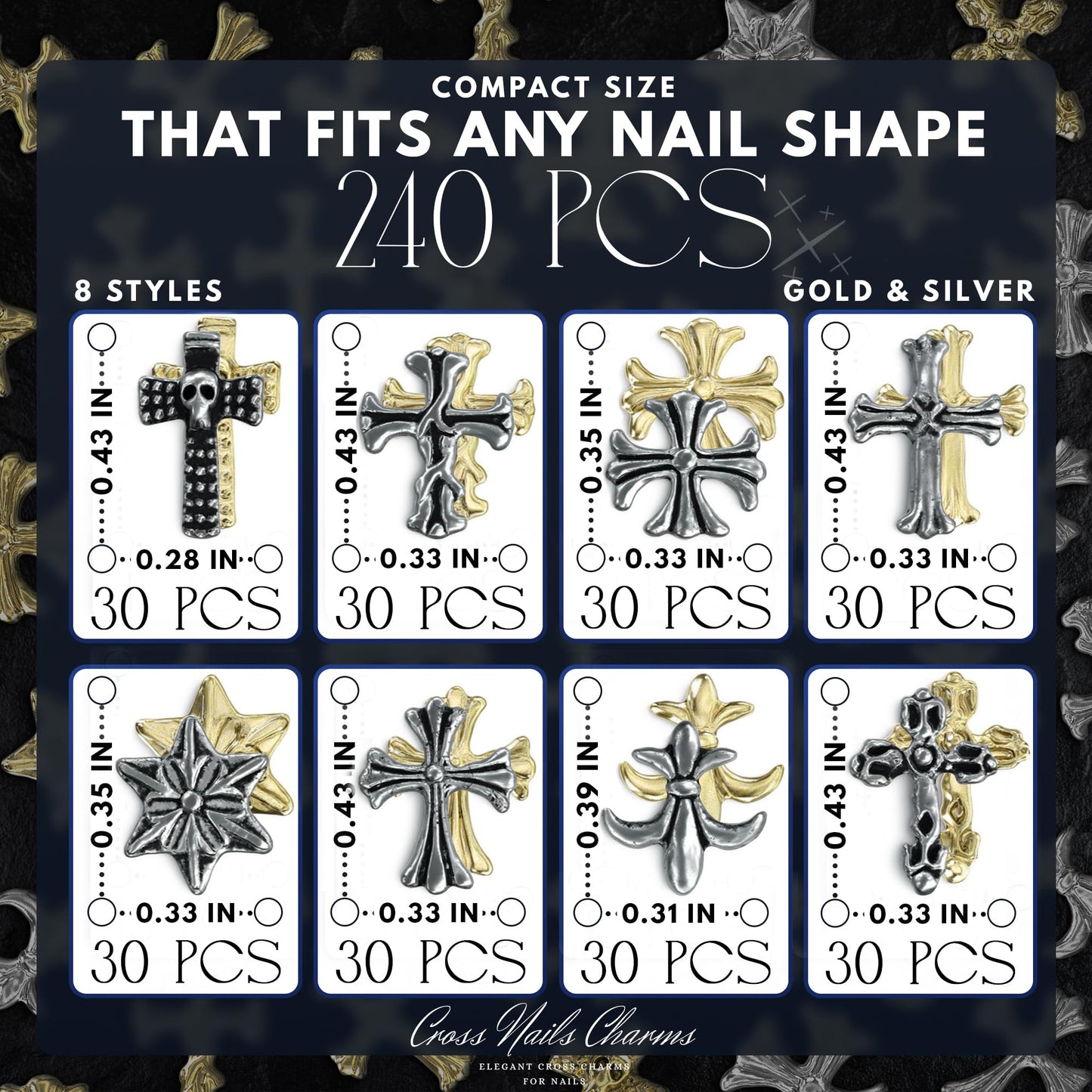 ZOKLU Silver & Gold Cross Nail Charms – 240 Pcs for Home, Salon & Holiday Manicures