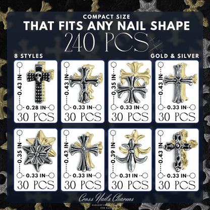 ZOKLU Silver & Gold Cross Nail Charms – 240 Pcs for Home, Salon & Holiday Manicures