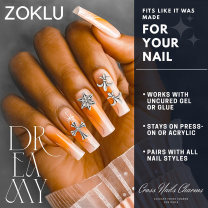 ZOKLU Silver & Gold Cross Nail Charms – 240 Pcs for Home, Salon & Holiday Manicures