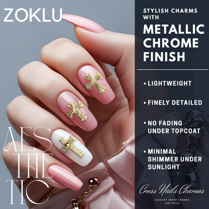 ZOKLU Silver & Gold Cross Nail Charms – 240 Pcs for Home, Salon & Holiday Manicures