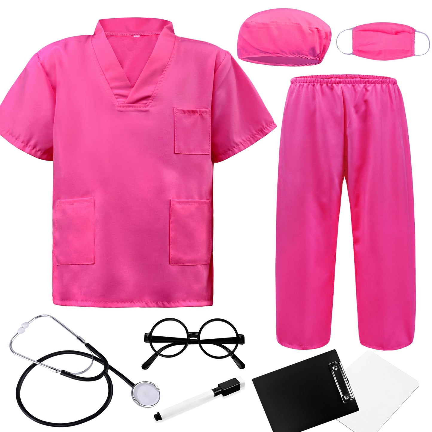 ZZIHAN Kids Doctor Costume Rose Scrubs Set with Stethoscope, Mask, Cap & Glasses – Dress-Up for Halloween & Career Day (Ages 7-8)