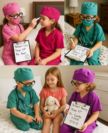 ZZIHAN Kids Doctor Costume Rose Scrubs Set with Stethoscope, Mask, Cap & Glasses – Dress-Up for Halloween & Career Day (Ages 7-8)